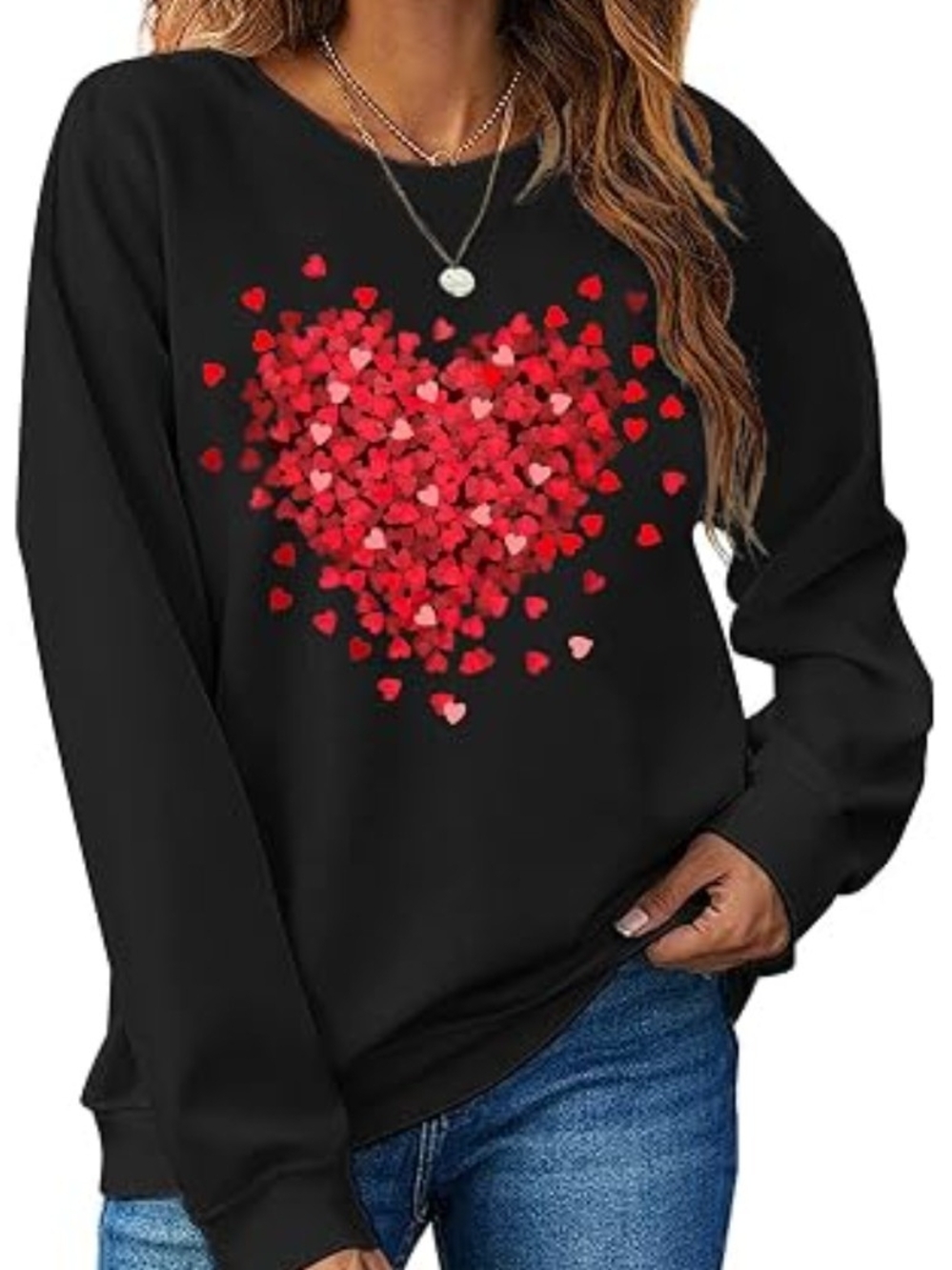 Women's Black Sweatshirt with Red Heart Print